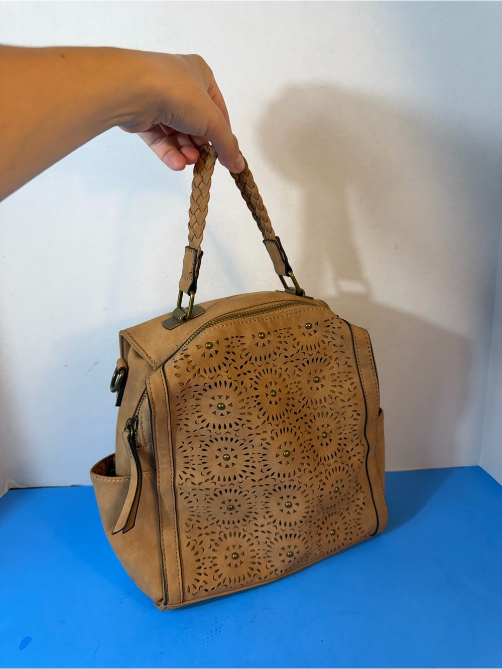 Stylish Women's Tan Laser-Cut Handbag